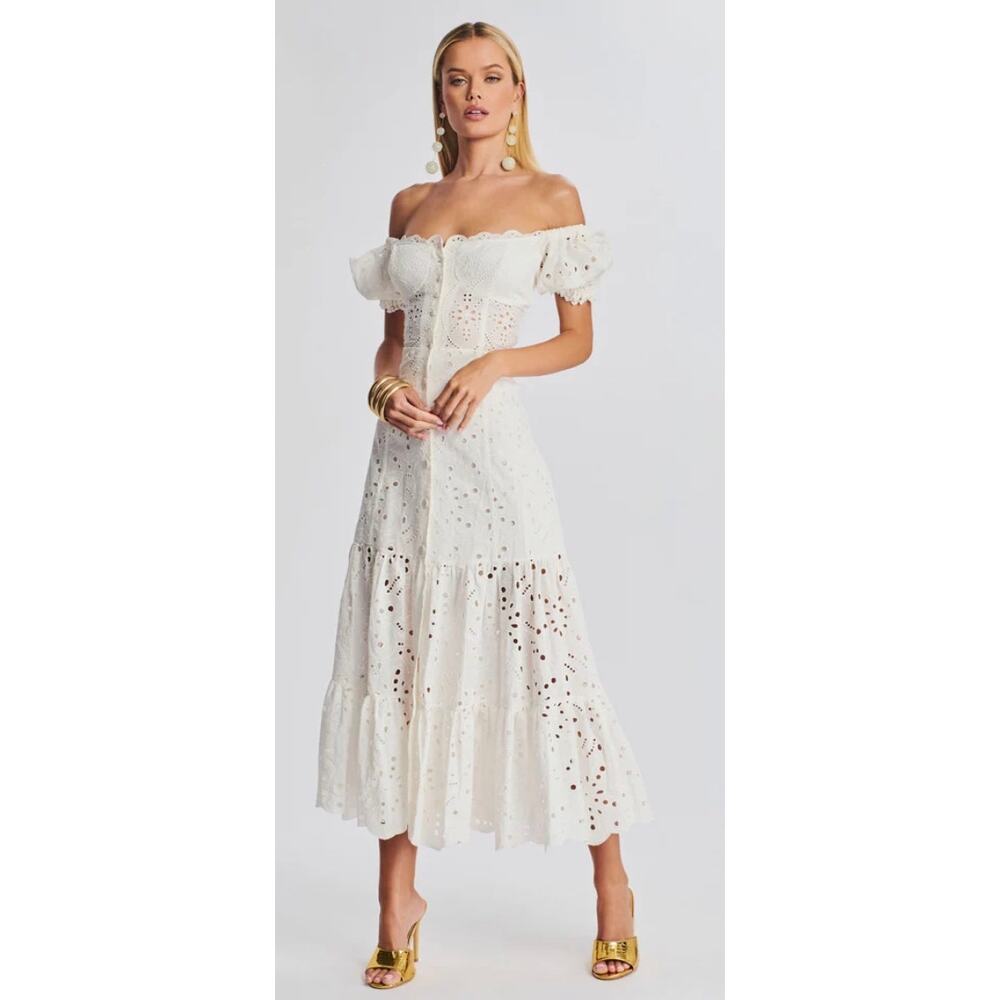 Charo Ruiz Lana White Eyelet Off Shoulder Maxi Dress M